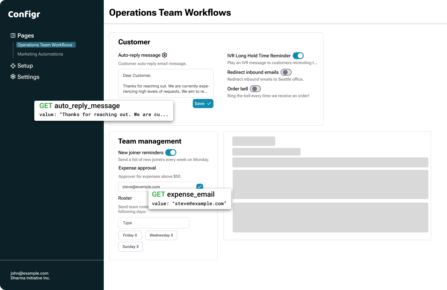 Screenshot of a Configr branded settings page containing a variety of fields for an Operations team, such as an Expense Approval field populated with an email address. Overlayed on top are HTTP requests, requesting the data shown on the page.